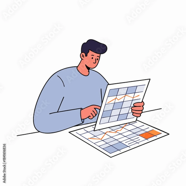 Obraz A focused man meticulously reviews a detailed calendar and financial charts, strategizing for future business growth and personal productivity.