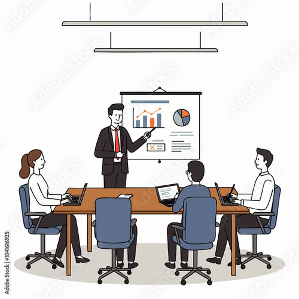 Obraz A confident businessman presents a financial report with charts and graphs to his attentive colleagues in a modern office meeting.