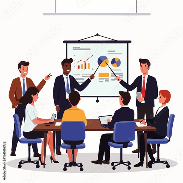 Obraz Diverse professionals collaborate in a modern office, presenting data and charts during a dynamic business meeting.