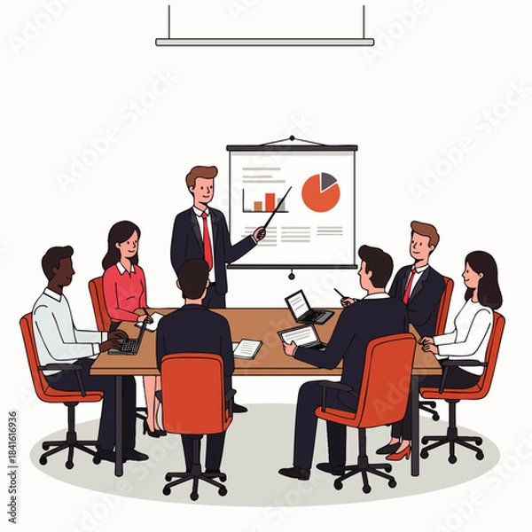 Obraz A diverse group of professionals collaborates in a modern boardroom, discussing financial data on a projector screen.