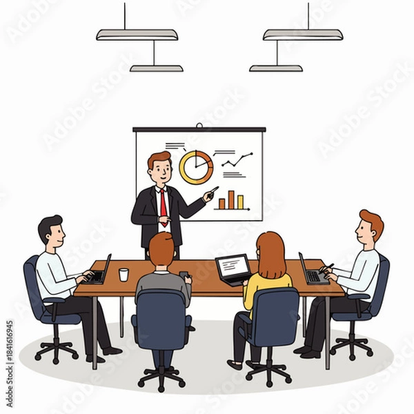 Obraz A confident businessman presents a financial report with charts to attentive colleagues in a modern office meeting.