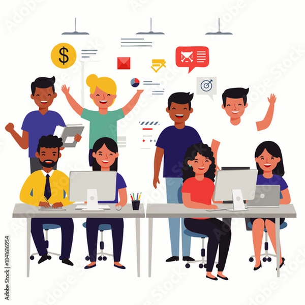 Obraz Diverse team of happy employees collaborating effectively in a modern office environment, celebrating success and achieving goals.