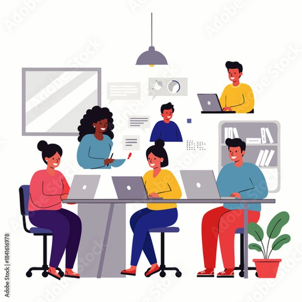 Obraz Diverse team collaborates effectively in a modern office environment, sharing ideas and working on laptops.