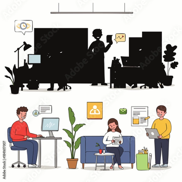 Obraz Diverse team members collaborate and work efficiently in a modern, bright office environment, fostering productivity and innovation.