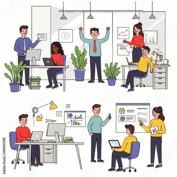 Obraz Diverse team of professionals collaborating and celebrating success in a modern, bright office environment.