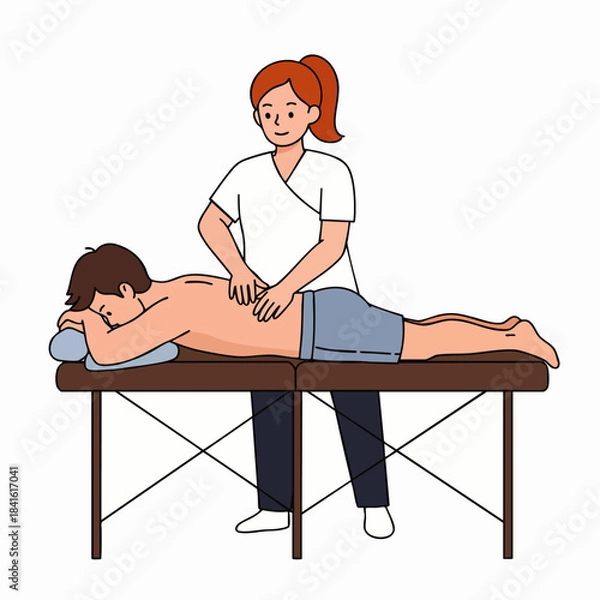Obraz A professional therapist gives a relaxing back massage to a man lying on a massage table in a calm, soothing environment.