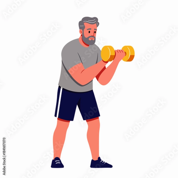 Obraz Active senior man with gray hair and beard performs bicep curls with dumbbells for strength training.
