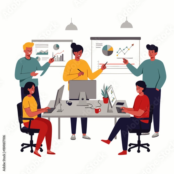 Obraz Diverse team collaborates on a business strategy presentation with charts and graphs in a modern office environment.