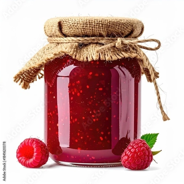 Fototapeta Red raspberry jam in a glass jar with rustic hessian top