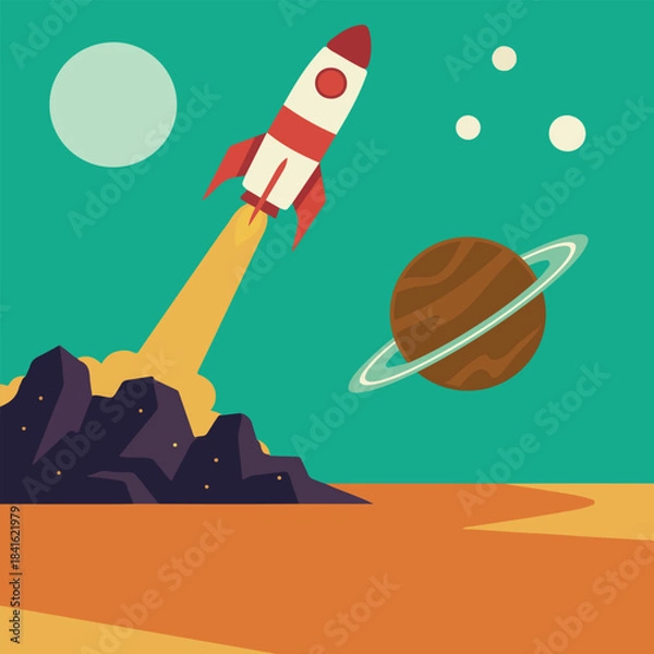 Obraz Retro Flat Design Rocket Launch in Outer Space Landscape