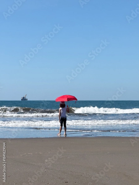 Obraz Kid stand with red umbrella
