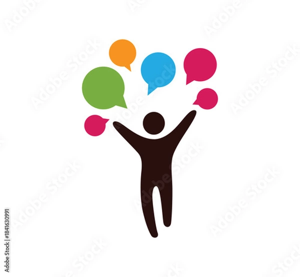 Obraz Happy Figure with Juggling Speech Bubbles Icon