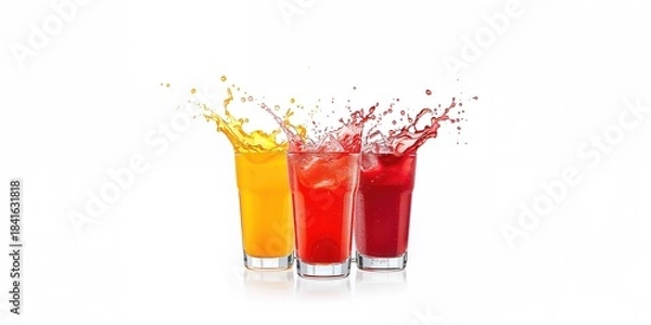 Fototapeta Two glasses filled with orange and strawberry juice with splash effects, ideal for a vibrant drink menu backdrop