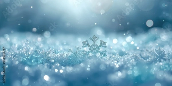 Fototapeta Detailed view of mint blue snow crystals forming a delicate winter landscape, highlighting frost patterns, background