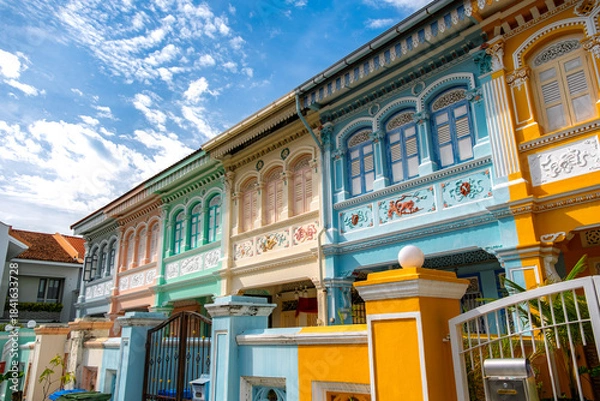 Fototapeta シンガポール カトン地区 プラナカン建築が並ぶエバリット・ロードのカラフルな街並み