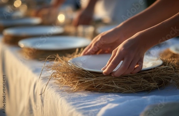 Fototapeta Placing Plate on Straw Nest for Holiday Dinner