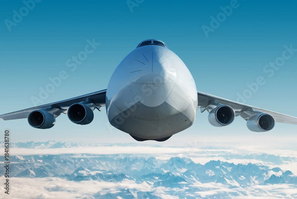 Obraz Front view of the white wide body transport cargo aircraft flying in the air over snow covered mountains
