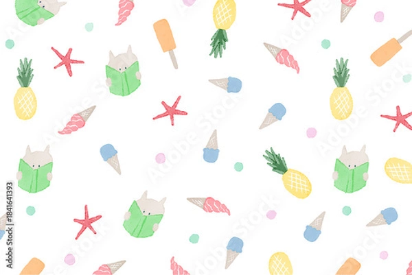 Obraz 白背景に手描きイラストパターン。夏の読書のコンセプト。本・アイス・パイナップル・ヒトデ