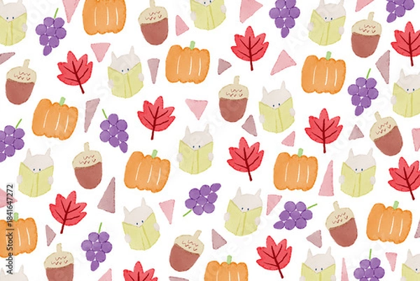 Obraz 白背景に手描きイラストパターン。秋の読書のコンセプト。本・どんぐり・かぼちゃ・ぶどう
