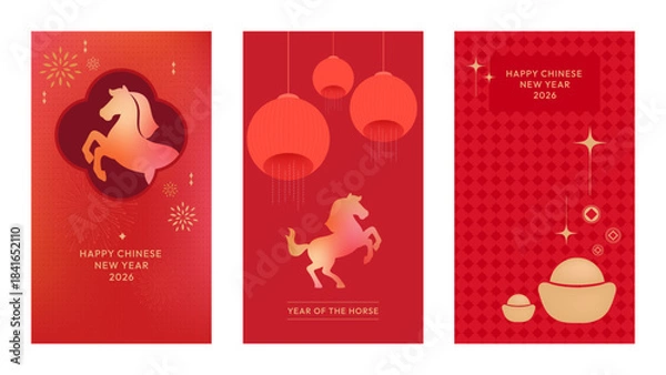 Obraz Chinese New Year 2026 greeting card set with red and gold designs, lanterns, gold ingots, and a stylized horse for the Year of the Horse.