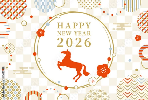 Obraz 2026年 午年　馬と梅と和柄　おしゃれな年賀状	
