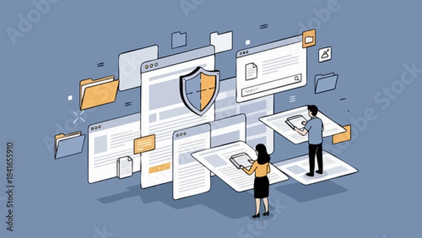 Obraz Cybersecurity concept with people managing data security and digital documents protected by a shield icon