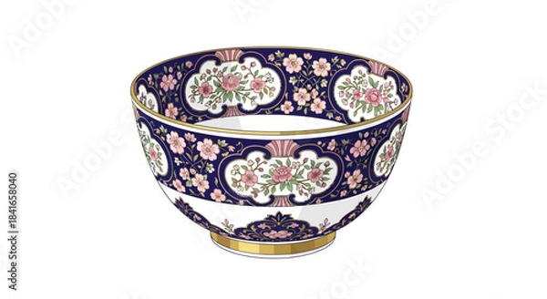 Fototapeta Exquisite floral patterned bowl with navy accents and gold trim showcasing delicate artistry