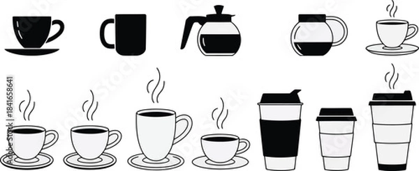 Obraz Collection of coffee cups and mugs in black and white