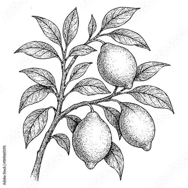 Fototapeta Lemon Branch Sketch Illustration isolated on transparent background