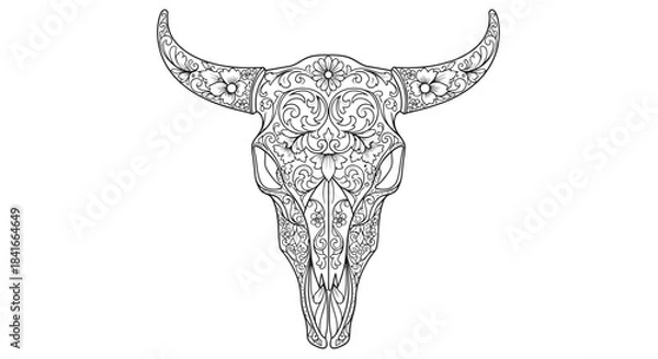 Fototapeta Elaborate line art illustration of a bull skull adorned with ornate floral patterns and swirls