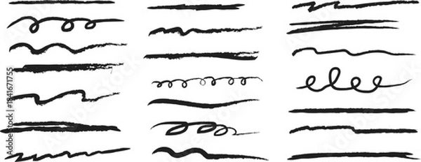 Fototapeta Hand drawn underline set. Grunge brush strokes and pencil scribbles. Vector text dividers.