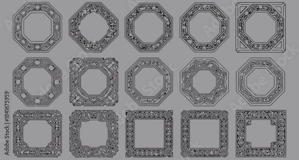 Fototapeta Intricate Ornamental Geometric Frame Collection — Decorative Vintage Borders, Octagon and Square Line Art Designs for Templates, Packaging, and Digital Artwork