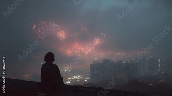 Fototapeta Mysterious Twilight: A solitary figure sits perched atop a structure, gazing toward an ethereal, cloud-filled sky. The city lights below glimmer in the distance.