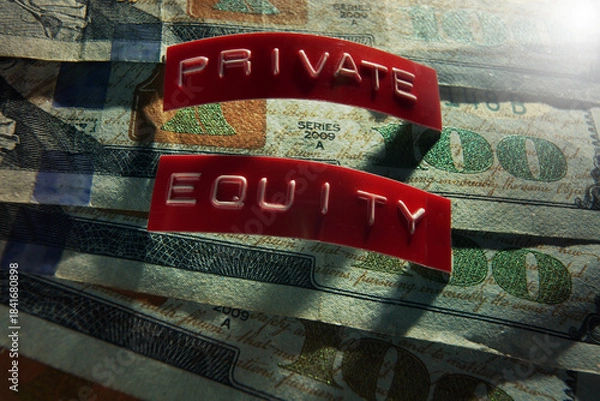 Obraz Red Private Equity labels on assorted hundred dollar bills