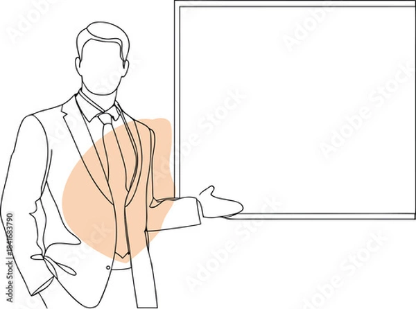 Obraz Businessman gesturing towards a blank presentation board with abstract shape empty