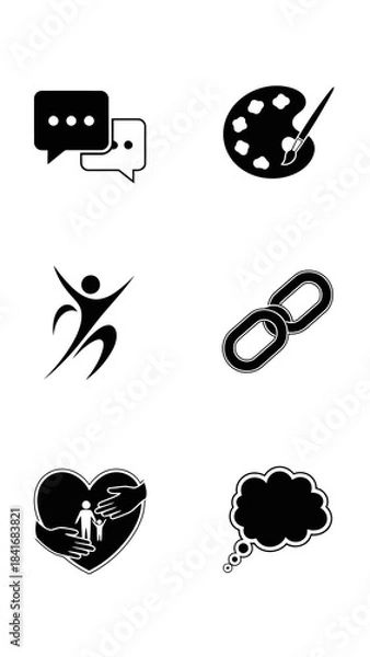 Fototapeta Set of black silhouette vector icons communication drawing vitality link chain protection and thinking isolated on white background digital graphic resource
