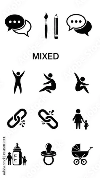 Fototapeta Set of 9 mixed black solid icons and 3 outline icons featuring chat bubbles art supplies human action figures broken links and baby care elements minimal style vector
