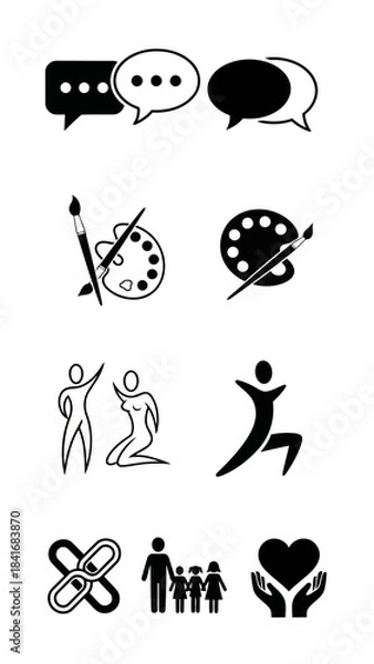 Fototapeta Dialogue art support connection family compassion diverse icon set collection featuring multiple chat bubbles creative tools figures unity and child care black and white vector illustration