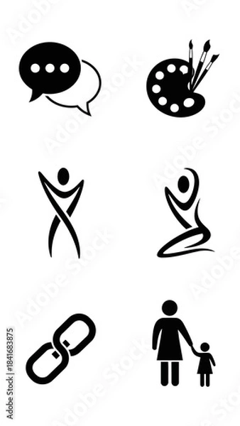 Fototapeta Set of 6 mixed black solid icons featuring communication chat bubbles art supplies two human figures chain link and mother and child elements simple minimalist vector