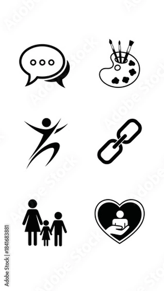 Fototapeta Communication creativity movement connection family welfare essential vector icon collection featuring speech dialogue art supplies fitness figure relationship link and child protection symbols