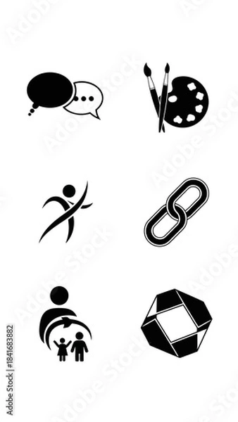 Fototapeta Interaction connection protection and structure vector icons set featuring speech bubble chat art painting supplies abstract dynamic human figure family care and geometric element illustration