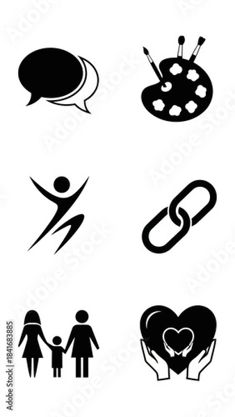 Fototapeta Social connection creativity welfare icons set isolated black silhouette graphics representing freedom link relationship family group and charity protection solid style vector illustration