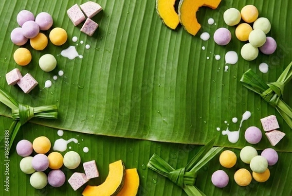 Obraz Thai dessert Bua Loi ingredients flat lay with colorful glutinous rice balls, taro, pumpkin and pandan leaves on banana leaf background with coconut milk splashes and copy space for menu design.