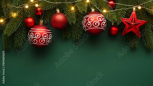 Obraz Festive christmas ornaments hanging from evergreen branches with warm glowing lights