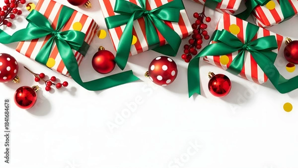 Obraz Festive christmas gift arrangement with ornaments and green ribbon on white background