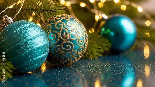Obraz Festive blue and teal christmas ornaments with blurred lights in background