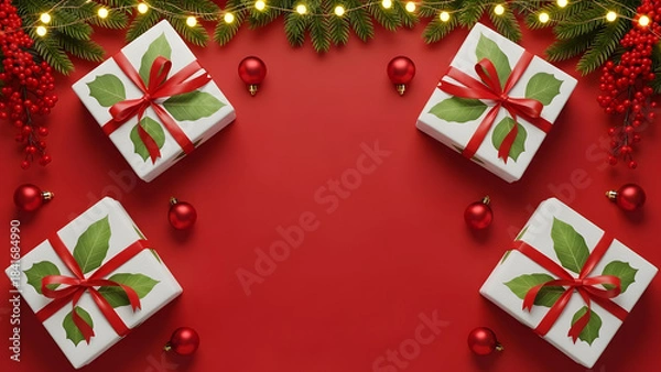 Obraz Festive christmas gifts with red ribbon and holly on a vibrant red background