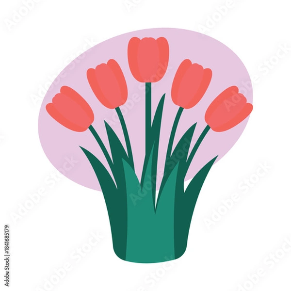 Obraz Red Tulip Cluster with Green Stems and Purple Background