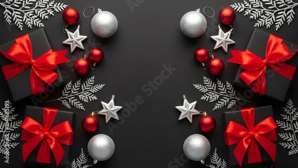 Obraz Festive christmas arrangement with ornaments ribbons and decorative snowflake patterns