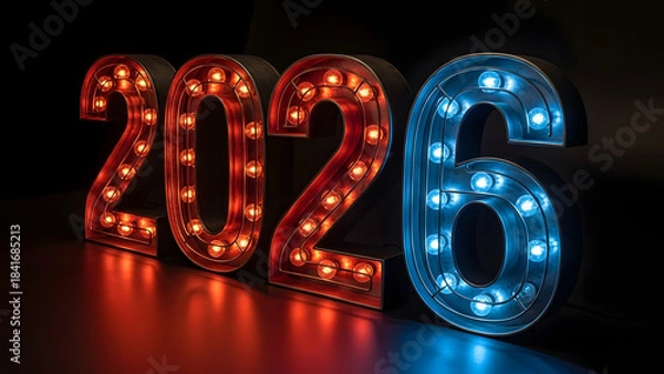 Obraz Illuminated new year numbers 2026 glowing brightly in red and blue light
